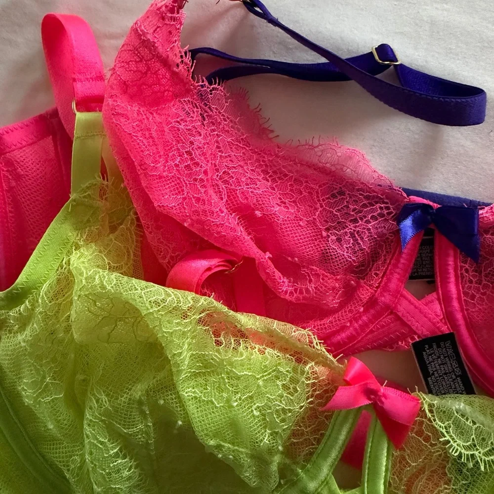 Preowned Victoria’s Secret Lace Underwire Unlined Bra Set Neon Pink Lime Sz 36D - Picture 4 of 6